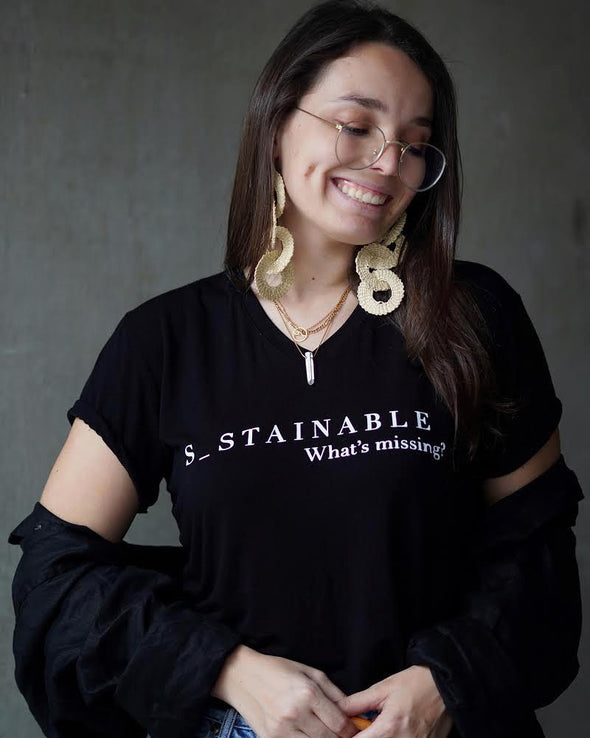 WILD SOUL PROJECT "S_STAINABLE  WHAT'S MISSING : U" Bamboo Short Sleeve V Neck T-shirt